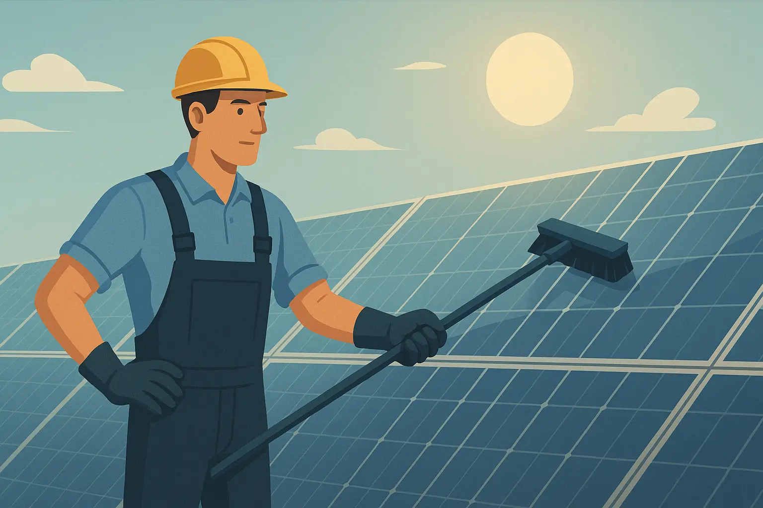 Technician wiping down solar panels on a roof